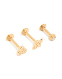 Gold Plated Surgical Steel Cubic Zirconia & Honey Bee Flat Back Studs 3-Pack - link has visual effect only