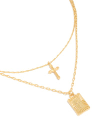 Gold Plated Cross & Rectangle Tab Pendant Layered Necklace - link has visual effect only