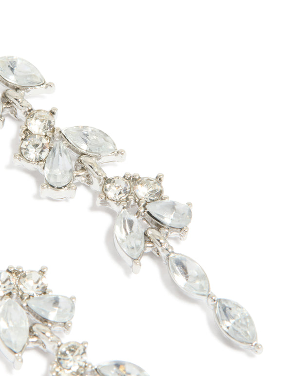 Silver Diamante Thin Floral Drop Earrings