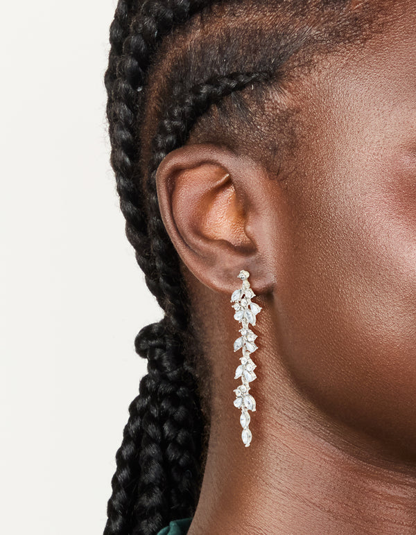 Silver Diamante Thin Floral Drop Earrings