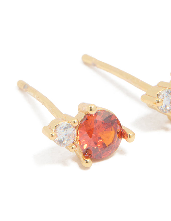 Waterproof Gold Plated Stainless Steel Cubic Zirconia Duo January Birthstone Stud Earrings