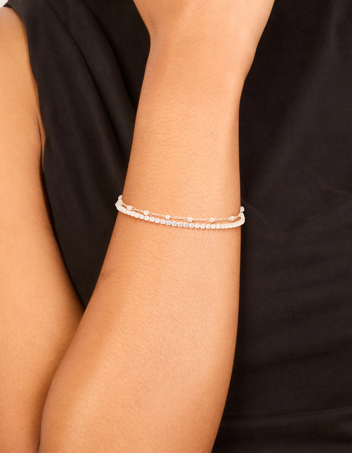 Silver Diamante Cup Chain & Link Chain Layered Bracelet