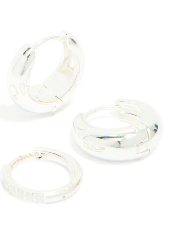 Waterproof Stainless Steel Cubic Zirconia & Chubby Huggie Earrings 2-Pack