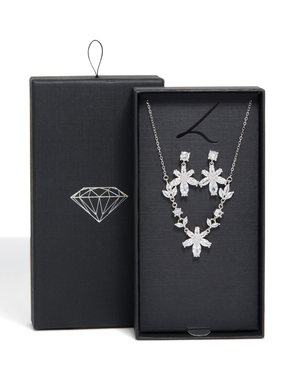 Silver Cubic Zirconia Lovely Floral Necklace & Earrings Set