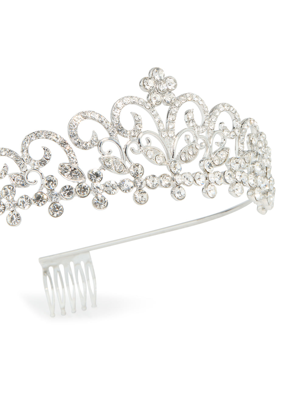 Exquisite silver diamante princess tiara headband showcasing floral accents and statement design detail view
