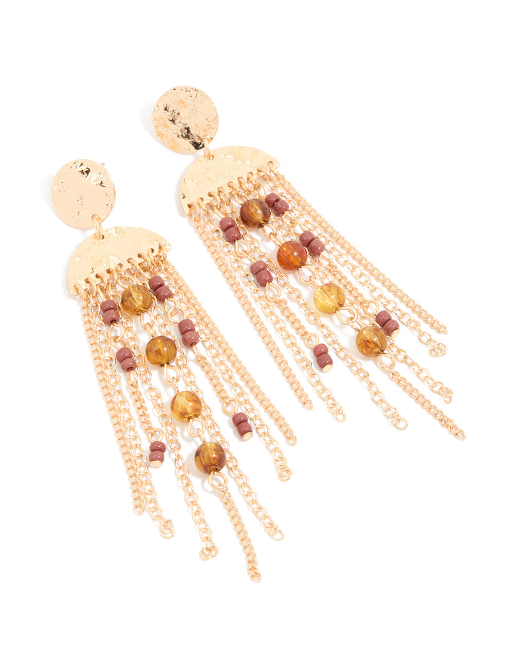 Gold Brown & Dark Red Beaded Cup Chain Drop Earrings