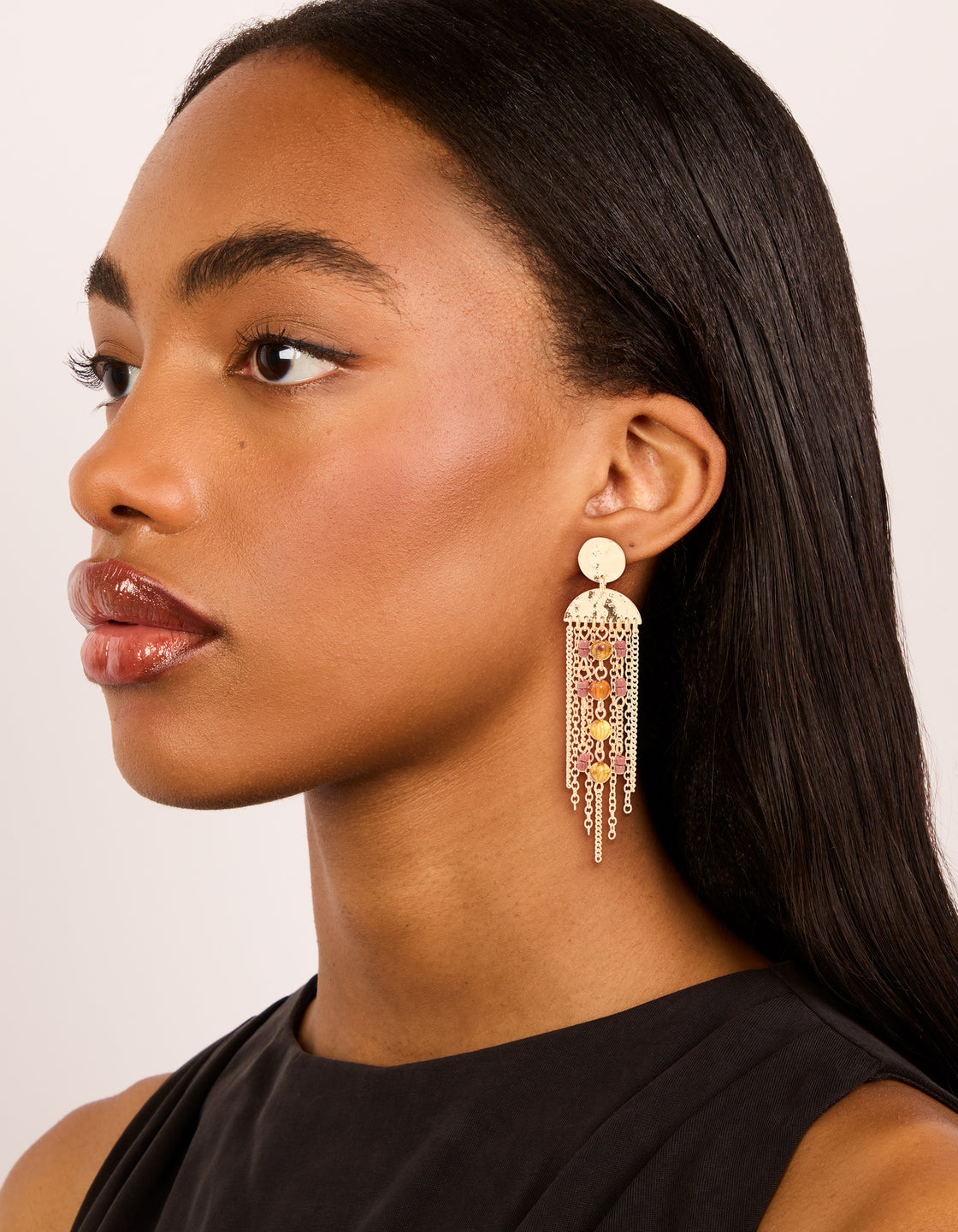 Gold Brown & Dark Red Beaded Cup Chain Drop Earrings