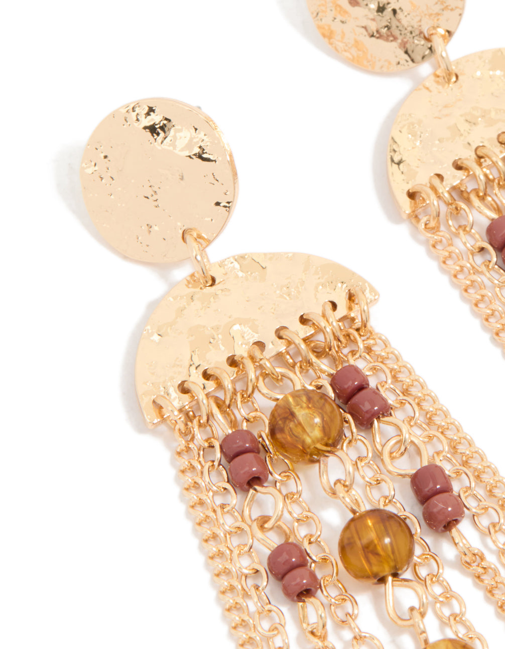 Gold Brown & Dark Red Beaded Cup Chain Drop Earrings