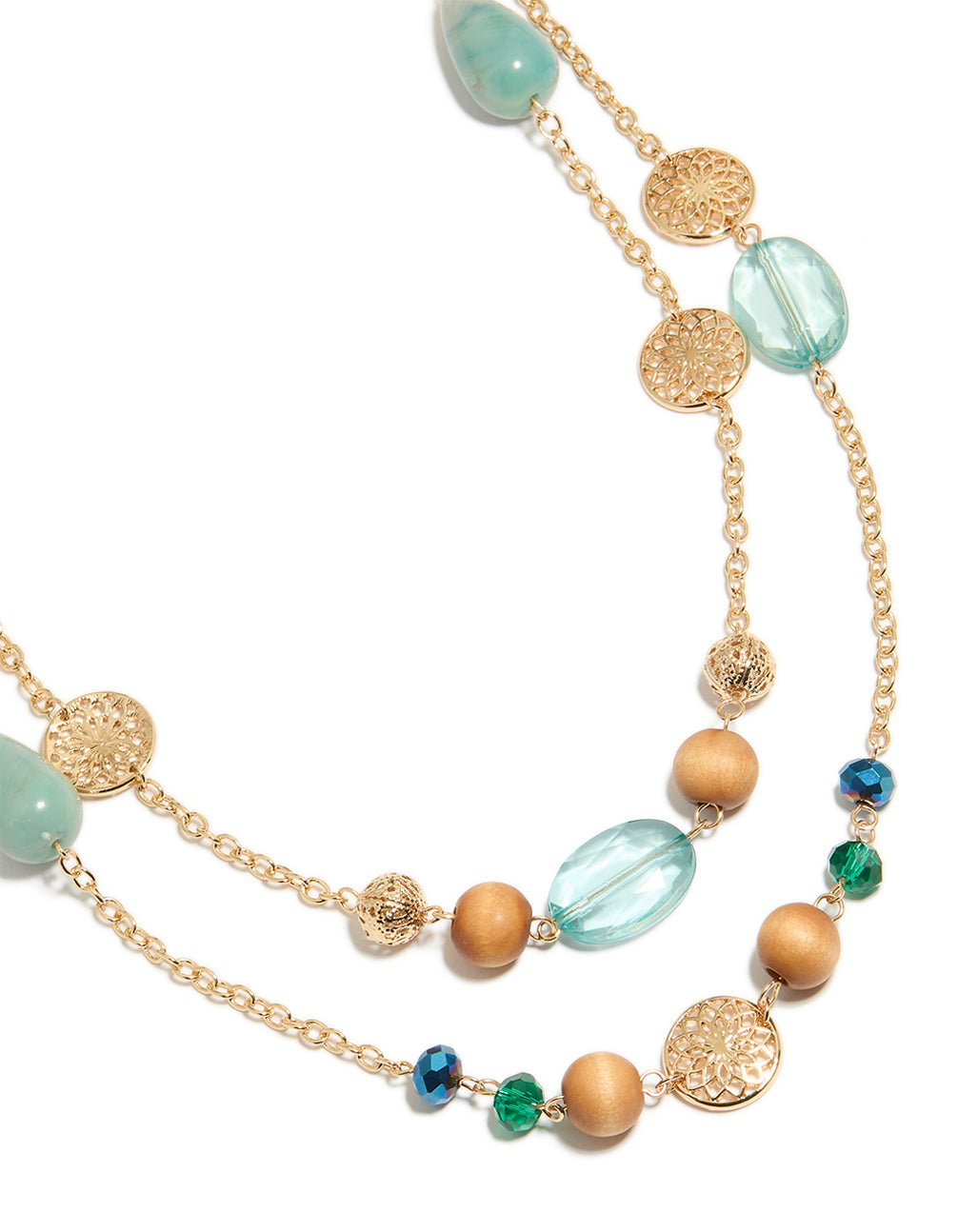 Gold Blue & Wooden Long Layered Necklace