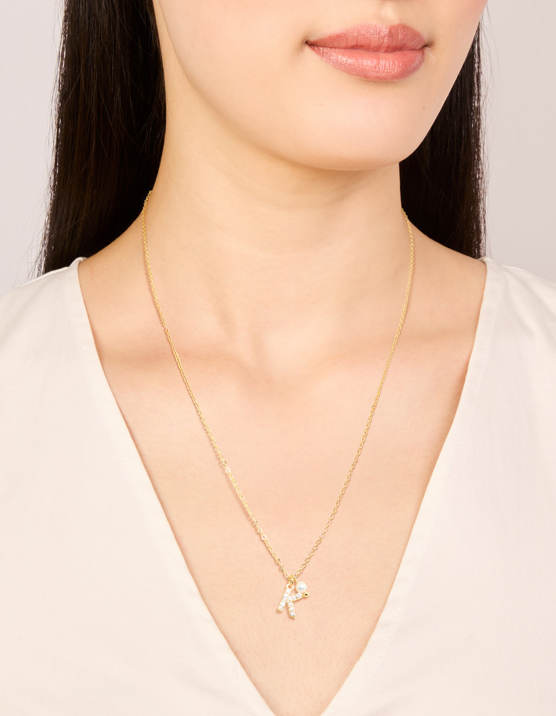 Gold Plated Cubic Zirconia & Pearl Letter K Necklace