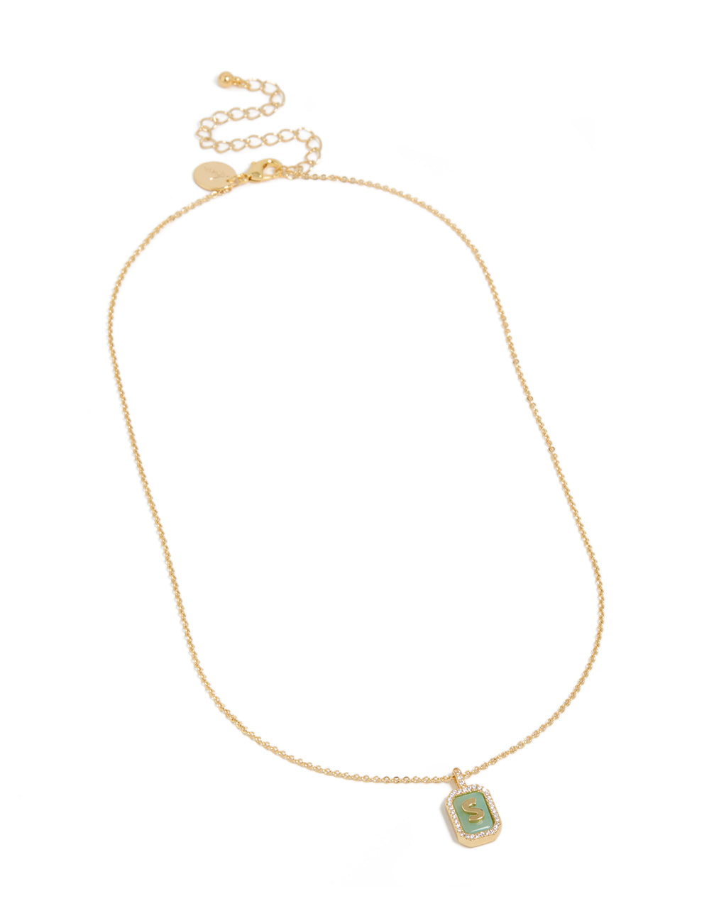 Designed with gold plated brass cubic zirconia letter S tag necklace featuring initials pendant front view
