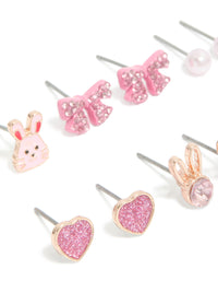 Kids Rose Gold Diamante & Bunny Bow Stud Earrings 6-Pack - link has visual effect only
