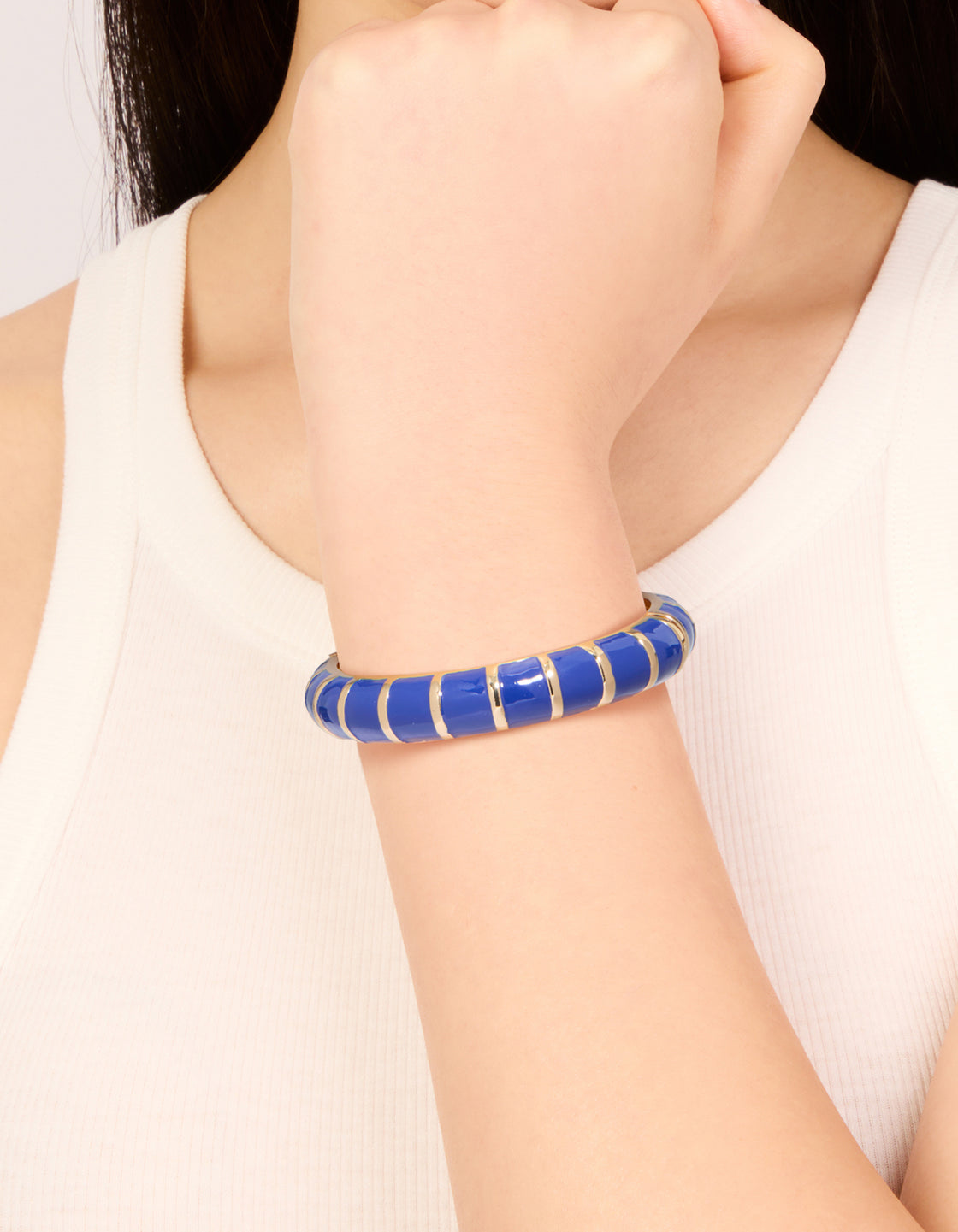 Gold Dark Blue Enamel Stripe Bangle