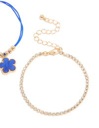 Gold Cubic Zirconia Tennis & Dark Blue Cord Flower Bracelet 3-Pack - link has visual effect only