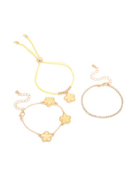 Gold Cubic Zirconia Tennis & Yellow Cord Flower Bracelets 3-Pack - link has visual effect only