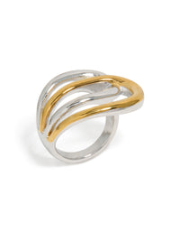 Designed with waterproof mixed metal plated stainless steel large double loop ring featuring statement chunky style in gold and silver side detail view - link has visual effect only