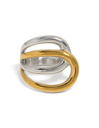 Highlighting a waterproof mixed metal plated stainless steel large double loop ring with statement chunky design in gold and silver close up view - link has visual effect only