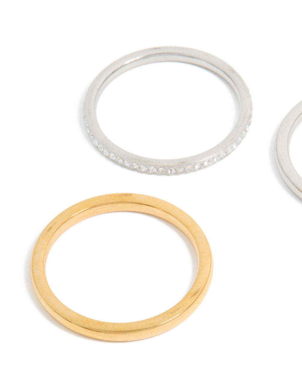 Waterproof mixed-plated stainless steel thin stacking rings with cubic zirconia, available in a 3-pack featuring statement styling close up view