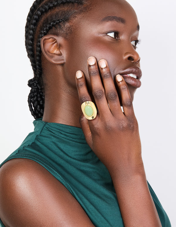 Gold Plated Oval Green Semi Precious Stone Ring