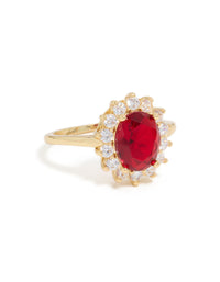 Stunning statement ring featuring oval cut red cubic zirconia with clear stones in a halo setting crafted from gold plated metal front view - link has visual effect only