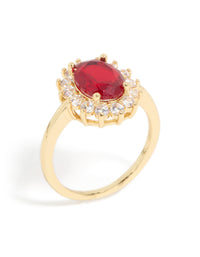 Eye-catching statement ring with oval cut red cubic zirconia and clear halo stones crafted from gold plated metal side detail view - link has visual effect only