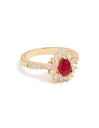 Showcasing a gold plated gleaming red cubic zirconia pear ring featuring crystal and clear stone accents, statement style front view - link has visual effect only