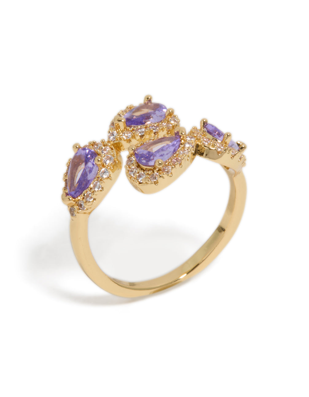 Featuring glitzy purple cubic zirconia in gold plated metal, this wrap around ring with statement style side detail view