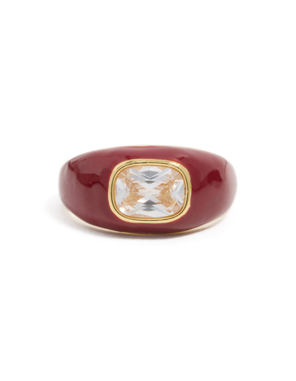 Waterproof Gold Plated Stainless Steel Red Enamel Square Cubic Zirconia Ring