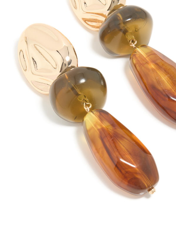 Gold & Brown Acrylic Double Beaded Drop Earrings