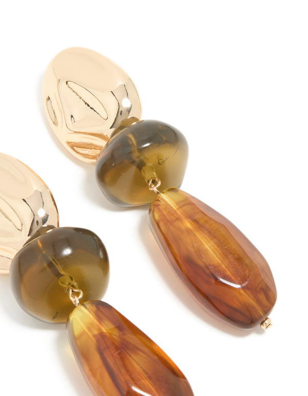Gold & Brown Acrylic Double Beaded Drop Earrings