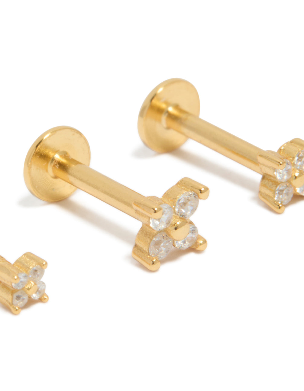 Gold Plated Sterling Silver Cubic Zirconia Flower Flat Back Studs 3-Pack