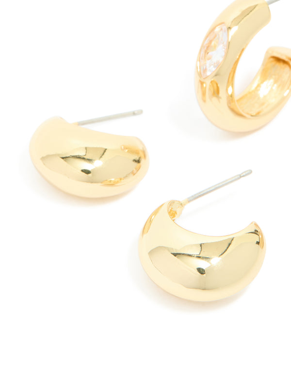 Gold Plated Diamante Chunky & Bezel Open Hoop Earrings 2 Pack