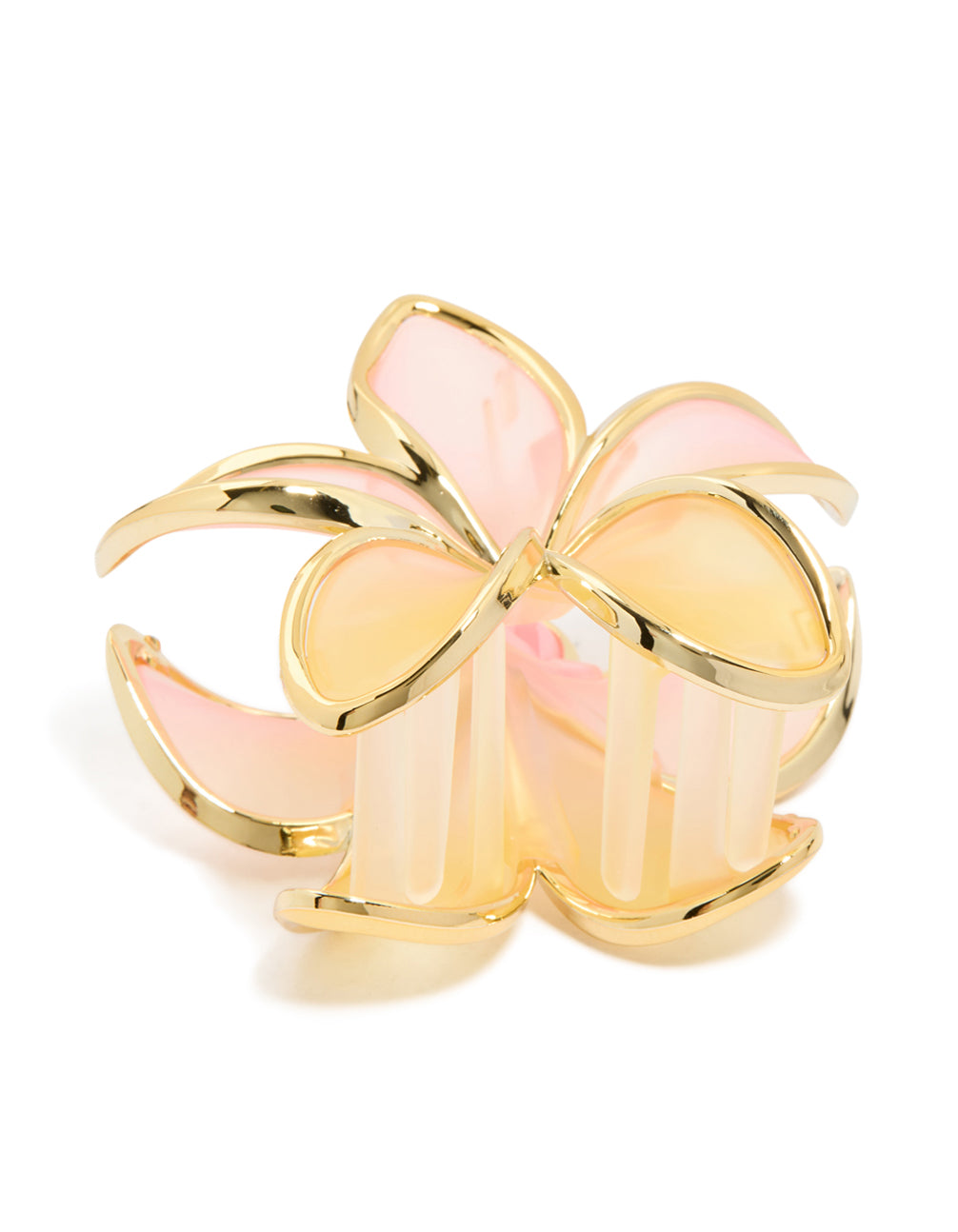 Crafted with floral design in light pink, gold, and peachpuff claw clip side view
