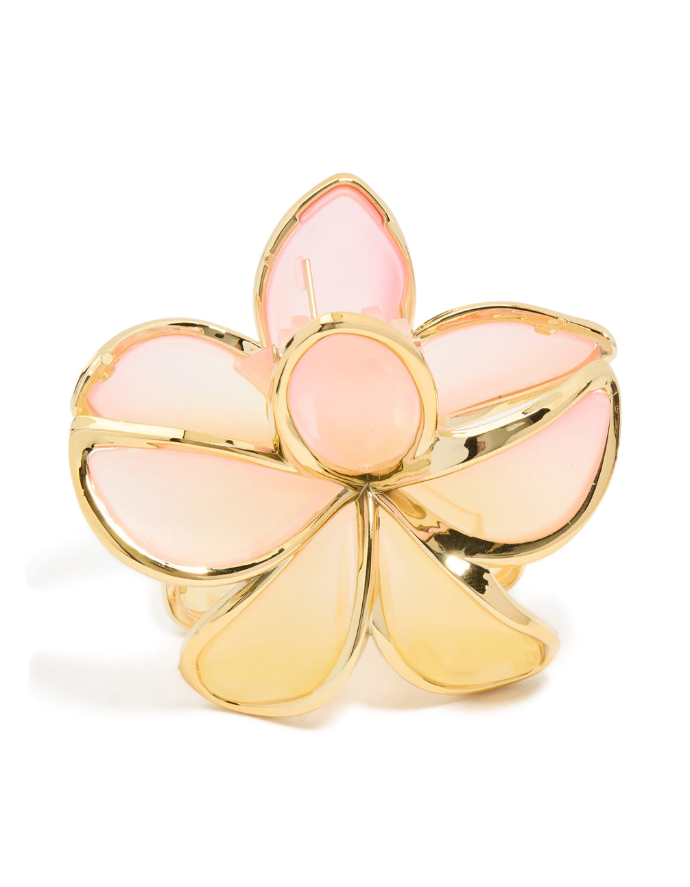 Featuring orange and pink ombre frangipani flower claw clip in light pink, gold, and peachpuff front view