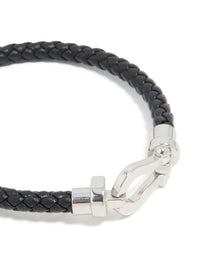 Waterproof Stainless Steel Black PU Leather Braided Chunky Link Bracelet - link has visual effect only