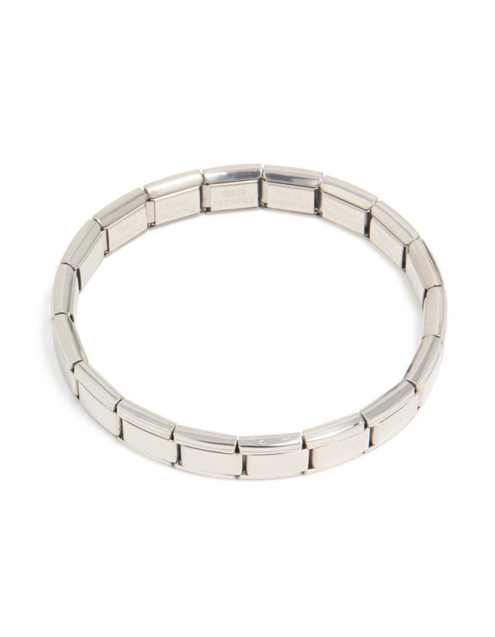 Featuring a waterproof stainless steel stretch watch link bracelet in silver front view