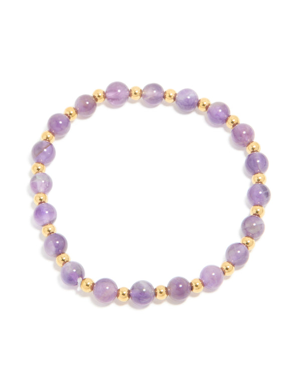 Waterproof Gold Plated Stainless Steel Amethyst Semi Precious Stone Beaded Stretch Bracelet