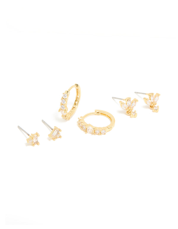 Gold Plated Brass Flower Earrings 3-Pack