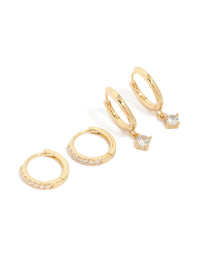 Gold Plated Brass Cubic Zirconia & Smooth Huggie Earrings 2-Pack - link has visual effect only