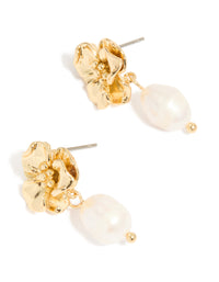 Gold Plated Freshwater Pearl Flower Drop Earrings - link has visual effect only