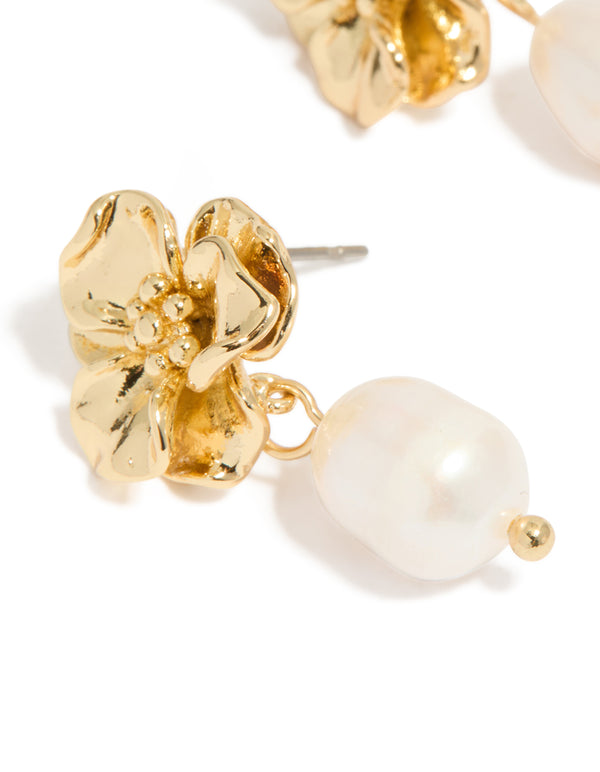 Gold Plated Freshwater Pearl Flower Drop Earrings