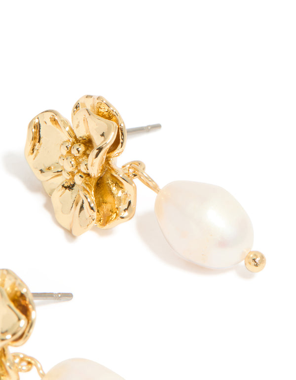 Gold Plated Freshwater Pearl Flower Drop Earrings