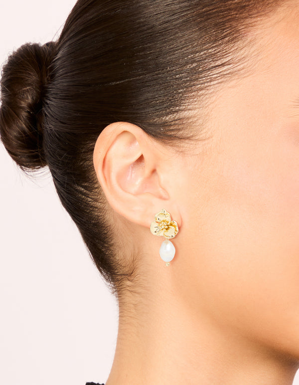 Gold Plated Freshwater Pearl Flower Drop Earrings