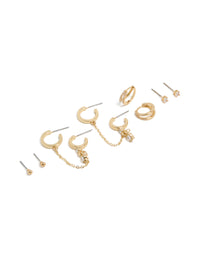 Showcasing gold plated cubic zirconia huggie and chain earrings in a 5-pack with featuring crystal embellishments and mixed hoop and stud closures front view - link has visual effect only