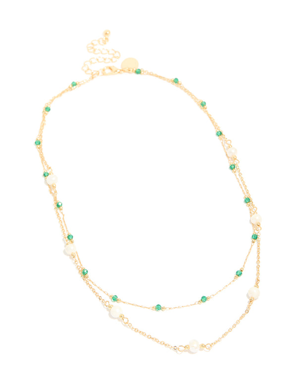 Gold Plated Emerald Stone & Pearl Layered Necklace