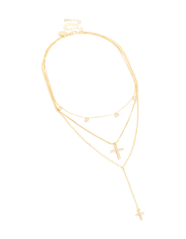Gold Plated Cubic Zirconia Droplet & Cross Layered Y-Necklace