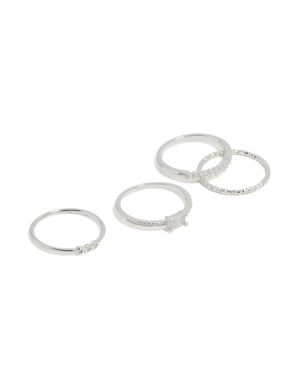 Silver Plated Cubic Zirconia Square Bezel Rings 4-Pack