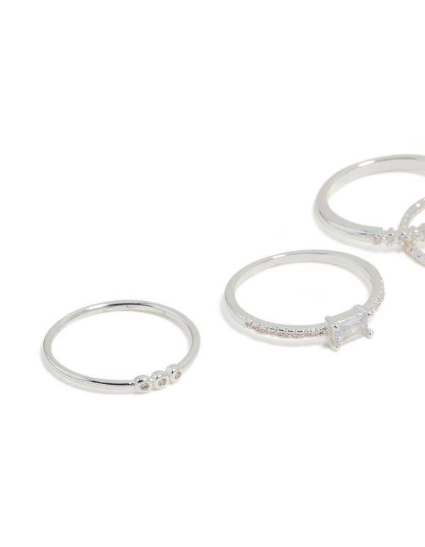 Silver Plated Cubic Zirconia Square Bezel Rings 4-Pack