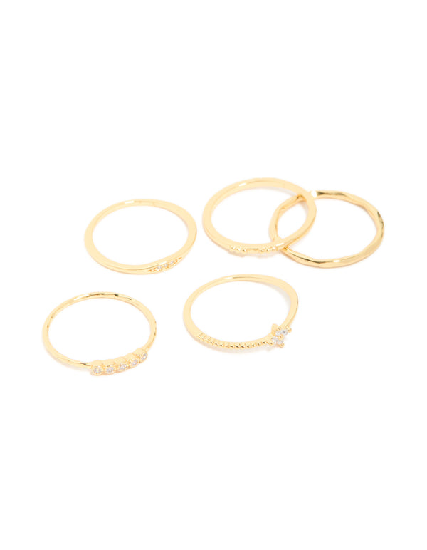 Gold Plated Cubic Zirconia Bezel Set Flower & Molten Rings 5-Pack