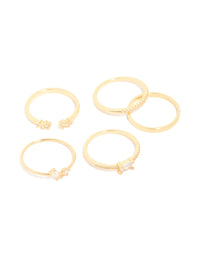 Showcasing gold plated open rectangular cubic zirconia rings 5-pack front view - link has visual effect only
